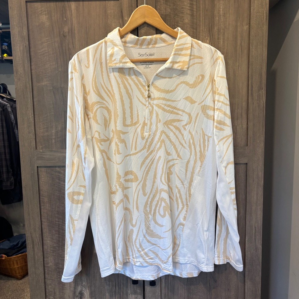 SanSoleil SolCool XL Tan White Quarter Zip UPF 50 Sun Shirt Long Sleeve Top